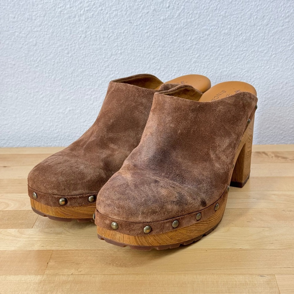 Kork-Ease Brown Suede Studded Wood Platform Clogs Mules Women 8M KE0014806 *FLAW - Picture 2 of 10